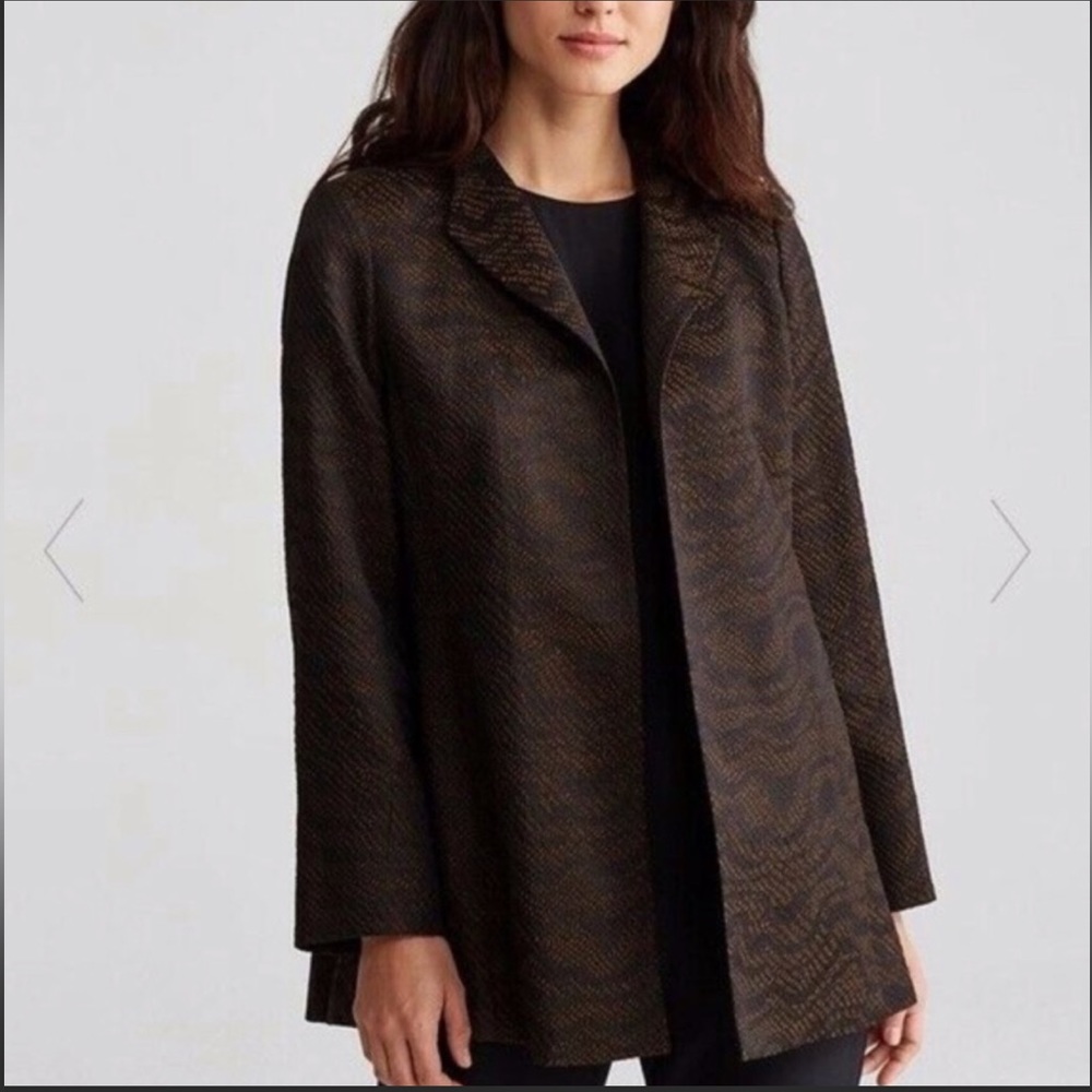 EILEEN FISHER Black Silk Blend Jacquard Stand Collar Open Jacket , size XL